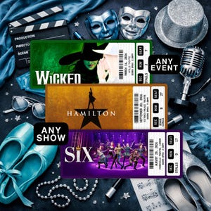 May include: A collection of theatre-related items, including tickets for "Wicked", "Hamilton", and "Six". The image also features masks, a microphone, a top hat, and ballet shoes, all arranged on a dark surface.