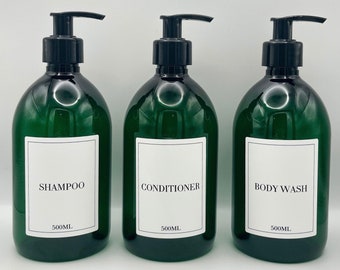 Mrs Hinch Inspired Emerald Green Bathroom Bottle - Reusable Personalised Dispensers, Shampoo, Conditioner, Body Wash Minimalistic