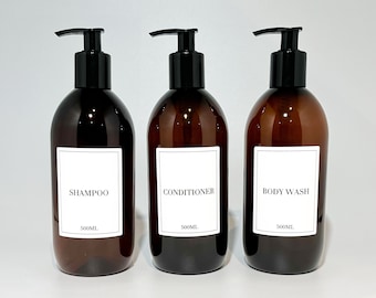 Mrs Hinch Inspired Amber Bathroom Bottle - Reusable Personalised Dispensers, Shampoo, Conditioner, Body Wash Minimalistic