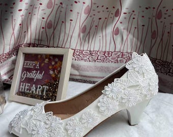 Wedding shoes, bridal shoes, lower heel, wedding lace pearl shoes