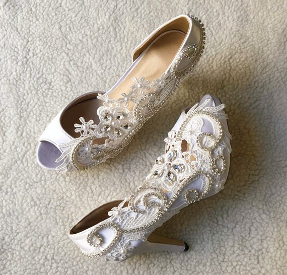 Bling Wedding Shoes, Ivory Satin and Lace Bridal Shoes With