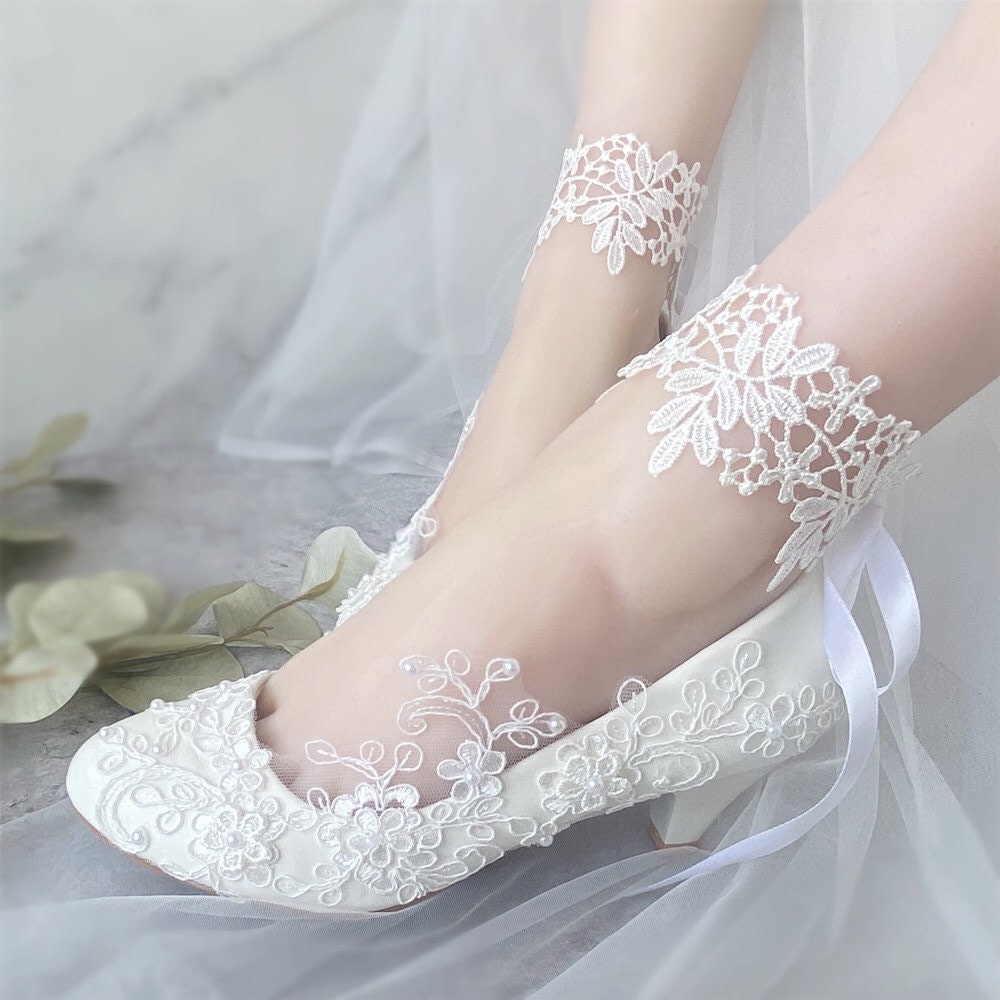 Wedding shoes bridal shoes low heel wedding lace pearl shoes | Etsy