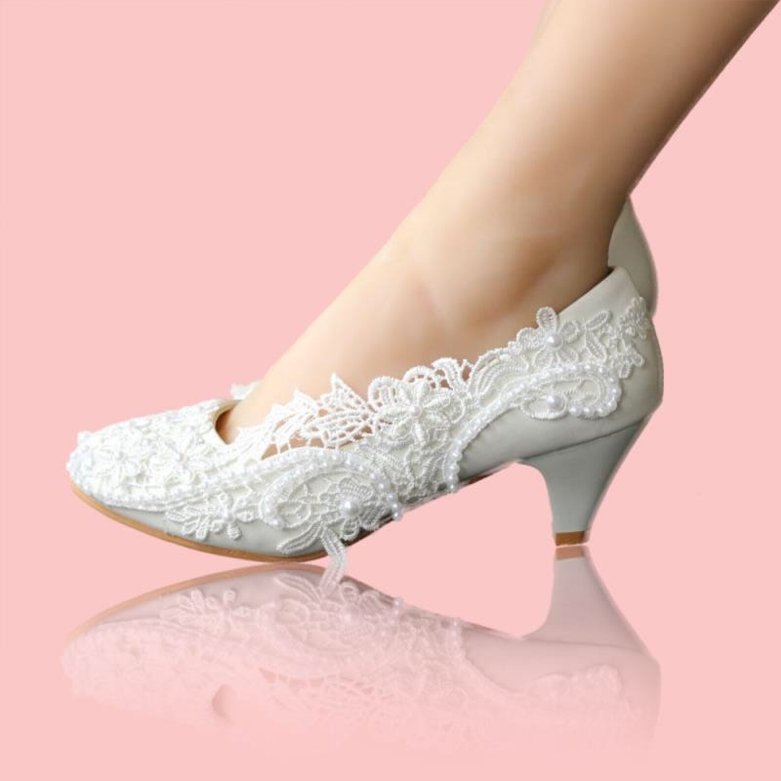 Wedding Shoes Bridal Shoes Low Heel Wedding Lace Pearl Shoes Etsy