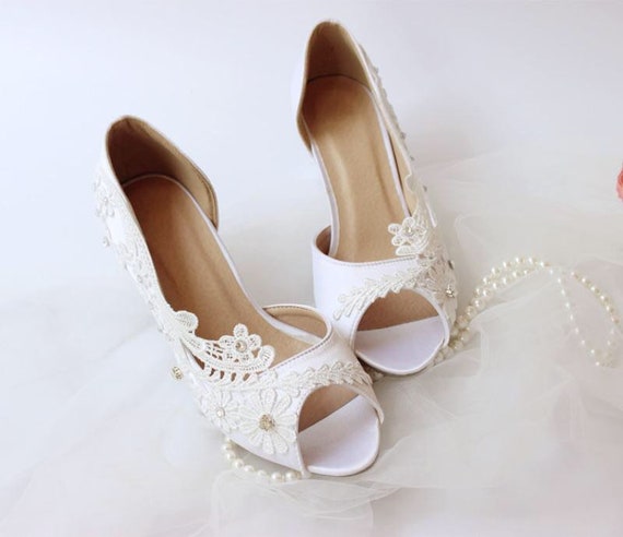 Bling Wedding Shoes, Ivory Satin and Lace Bridal Shoes With