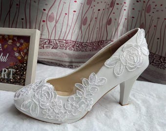 Wedding shoes, bridal shoes, high heel, wedding lace pearl shoes