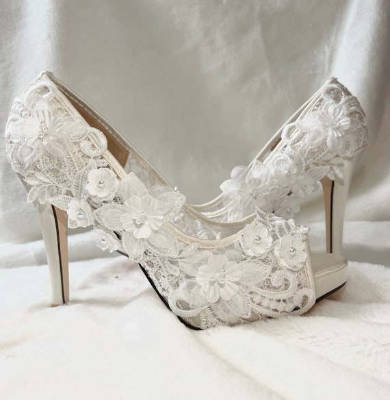 BELLA Silver Lace Wedding Shoes Low Heel | iHeels Australia