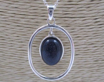 Blue Goldstone Sterling Silver Hoop Pendant - Special Gift For Her - 18 21 30 40 50 60 Birthday - 10 20 30 Anniversary - Handmade in the UK