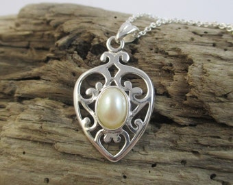 Pearl Sterling Silver Love Heart Pendant - Valentine for Her - 10 20 30 Anniversary - 18 21 30 40 50 60 Birthday - Special Gift for Her