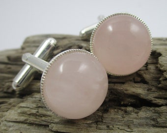 Rose Quartz Round Silver Cufflinks - Pink gemstone cufflinks - 21 30 40 50 60 birthday for him - Wedding cufflinks - Anniversary present