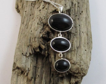 Black Onyx 925 Sterling Silver Triple Pendant - Special Gift for Women - 10 20 30 Anniversary - 21 30 40 50 60 Birthday - Handmade in UK