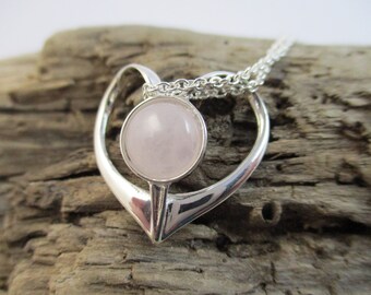 Pink Rose Quartz Sterling Silver Pendant - Love Heart Design - Valentine for Her - 10 20 30 Anniversary - 18 21 30 40 50 60  Birthday