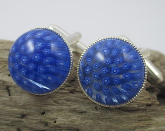 Blue Millefiori Glass Round Cufflinks - Wedding cufflinks - 21 30 40 50 60 birthday - special gifts for him - stocking filler for him