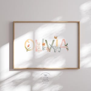 Impresión personalizada con nombre de guardería / Impresión con nombre de bebé / Decoración de guardería con animales lindos / Arte de pared personalizado para guardería / Letrero con nombre de animal de conejito y elefante