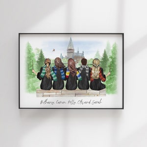Wizard School Print - Best Friends Gift - Custom BFF - Friends Illustration - Personalized Portrait - Personalized Gift - Teacher&#39;s Gift