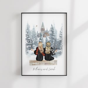 Wizard School Print - Best Friends Gift - Custom BFF - Friends Illustration - Personalized Portrait - Personalized Gift - Teacher Gift