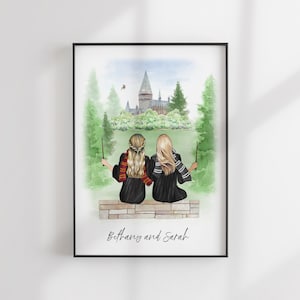 Wizard School Print - Best Friends Gift - Custom BFF - Friends Illustration - Personalized Portrait - Personalized Gift - Teacher Gift