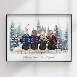 Wizard School Print - Best Friends Gift - Custom BFF - Friends Illustration - Personalized Portrait - Personalized Gift - Teacher Gift