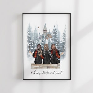 Wizard School Print - Best Friends Gift - Custom BFF - Friends Illustration - Personalized Portrait - Personalized Gift - Teacher Gift