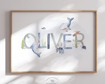 Custom Nursery Name Print | Baby Name Print | Under The Sea Decor | Personalised Wall Art | Ocean Name Sign | Whale Dolphin