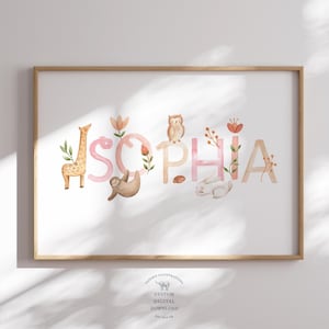 Custom Nursery Name Print | Baby Name Print | Cute Animals Nursery Decor | Personalised Nursery Wall Art | Bunny Giraffe Animal Name Sign
