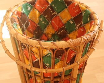 Great Laundry Basket 1950s Vintage Braided Bamboo Rattan with Fabric Insert West Germany Laundry Basket mid century
