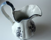 Wash jug vintage ceramic water jug large carafe Delfts art pottery with handle white blue floral