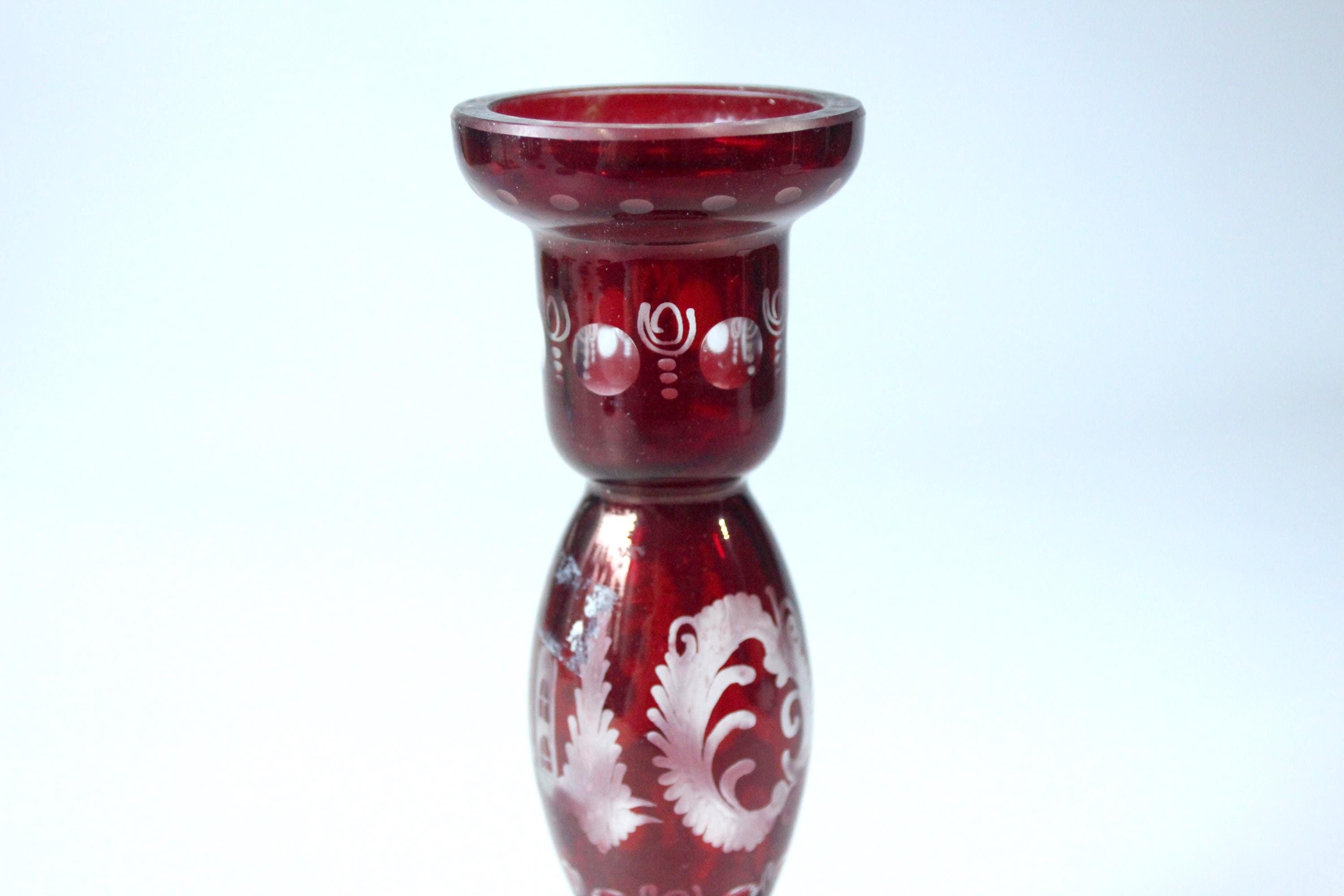 Glass Candle Holder, Bohemian Ruby Red Crystal Candlestick