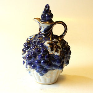 Rare vintage carafe wine decor cobalt blue white gold porcelain 60s 70s handmade ceramic bottle with stopper