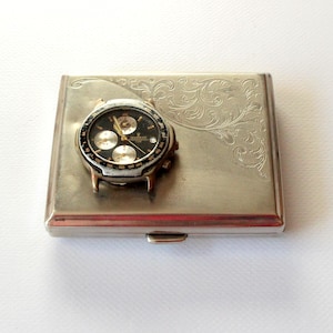 Unikat Zigarettenspender Vintage Geldbörse Visitenkartenetui mid century 60er 70er West Germany Cigarette Box Card Box Metall Uhr Maserati
