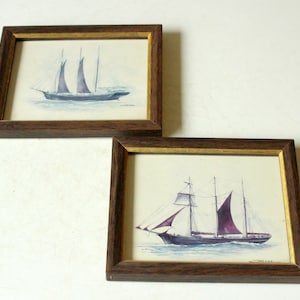 2 maritime pictures with wooden frames art prints by Toelkirk framed maritime scenery West Germany 60s 70s