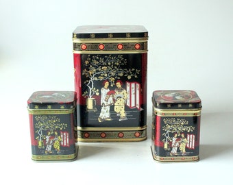 Set of 3 matching tea cans 1x XL vintage metal can Asia motif black red Asia old tea boxes Japan China tea cans