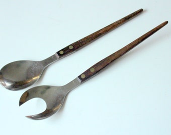 Salad servers vintage 1970s 1960s long handles West Germany wood stainless steel teak mid century salad serving cutlery stainless steel wood