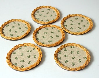 6 coasters with braided edge table decoration wooden coasters vintage glass coasters wood plastic mid century retro coaster