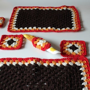 Retro space sets Vintage Art 1970s table sets with coasters and serving holder handmade crocheted brown white orange red
