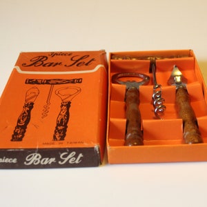 3 piece bar set vintage wooden corkscrew bottle opener can opener hardwood mid century 70s Bottle Opener Corksrew Set Wood