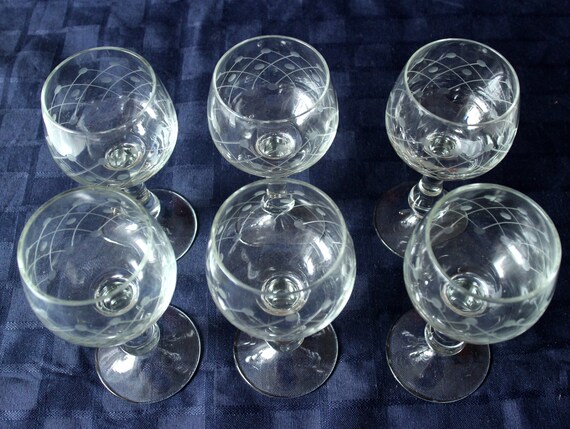 6 Vintage Weingläser geschliffen Kristall Glas Weinglas West Germany etched mid century 50s 60s wine crystal glasses with beautiful etching