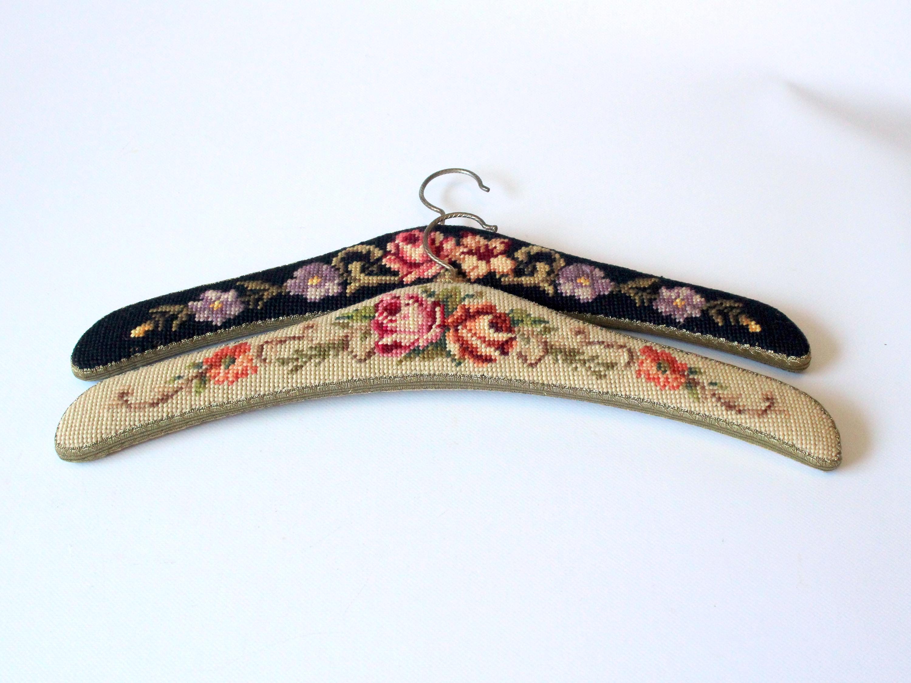 2 coat hangers, wooden brass hand-embroidered tapestry brocade, vintage coat hanger, wedding, West Germany, mid-century coat hanger, 50s 60s
