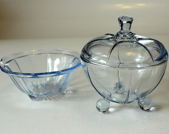 Set Bowl and Lid Dread Box Vintage Light Blue Glass Rosalinglas Press Glass 50s Tripod Glass Bowl Bathroom Hairdresser Kommode Dressing Table
