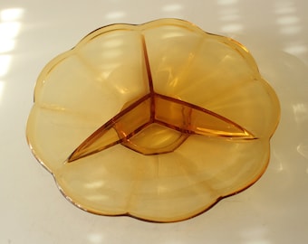 Large Offer Bowl Split Glass Amber Yellow Vintage 1950s mid century Pressed Glass Fruit Bowl Snack Bar Rockabilly