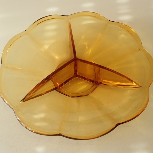 Large Offer Bowl Split Glass Amber Yellow Vintage 1950s mid century Pressed Glass Fruit Bowl Snack Bar Rockabilly