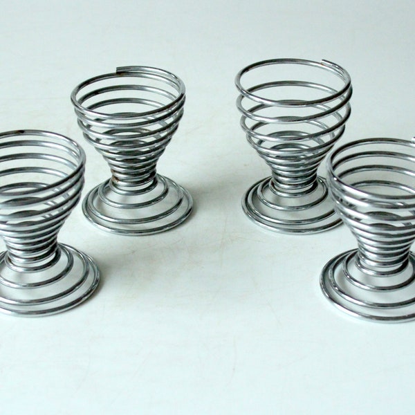 Stylish egg cups spiral egg holder 4 piece stainless steel set vintage 70s 80s metal Easter mid century egg cups