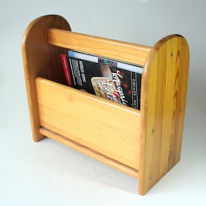 Solid Newspaper Rack Wood Vintage Basket 1970s 80s Shelf Newspaper Stand Magazine Holder mid century solid wood Skandi style
