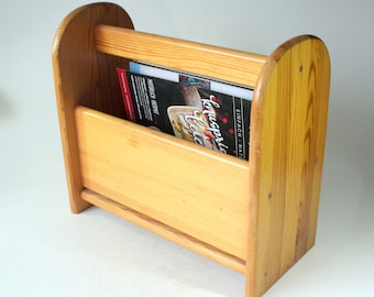 Solid Newspaper Rack Wood Vintage Basket 1970s 80s Shelf Newspaper Stand Magazine Holder mid century solid wood Skandi style