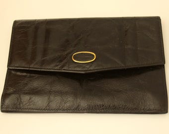 Enkel aftonväska i äkta läder, vintage-clutch, svart, praktisk väska, påse, läderplånbok