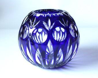 Vase Bohemian crystal glass vintage engraved cobalt blue mid century Bohemian crystal hand cut to clear engraved Czech glass studio art