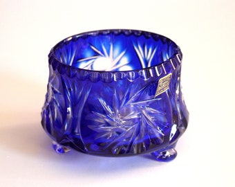 Bowl Bohemian crystal glass vintage engraved cobalt blue mid century Bohemian crystal hand cut to clear engraved glass studio art