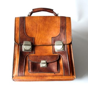 School bag briefcase vintage 70s brown leather West Germany old school messenger bag handbag document folder