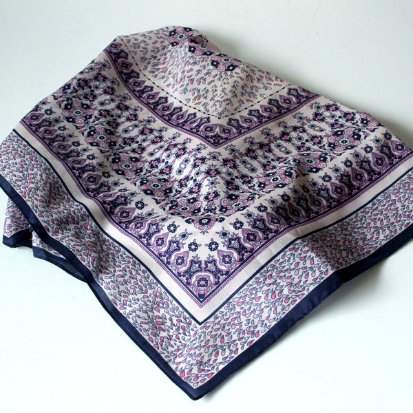 Large silk scarf vintage scarf dark blue purple lilac easy-care Head Scarf 60s West Germany purple lilac blue