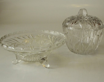 Vintage glass candy dish and lidded box set, crystal glass jewelry box, 1950s tripod glass bowl