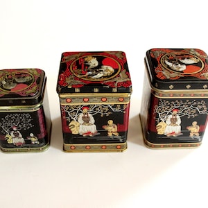 Set of 3 matching tea tins vintage metal tin Asia motif black red Asia old tea boxes Japan China tea cans spice tins retro